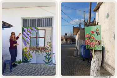 Artist painting wildflowers window and pink peonies mural, Crete village
