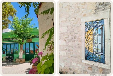 Village café murals and painted window mural, local Crete artist