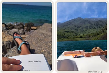 Left: person reading by turquoise sea. Right:relaxing on boat on a mountain lake with green hills