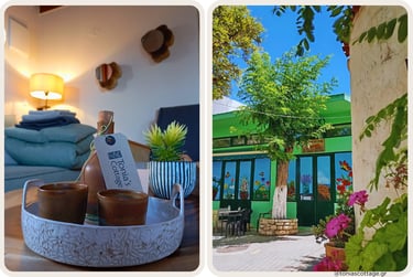 Tonia's Cottage welcome tray with local pottery and a lush green courtyard in a Cretan village.