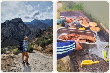 Hiker taking in the Cretan mountain views and a traditional barbecue grill in the countryside.