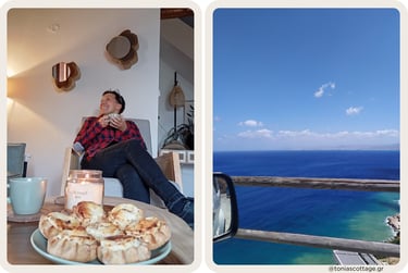 Left: person enjoying coffee with kaltsunia at home. Right: turquoise sea view from the car.