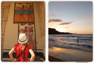 Girl viewing Minoan frescoes at Knossos and a woman paddling at sunset on a Cretan beach.