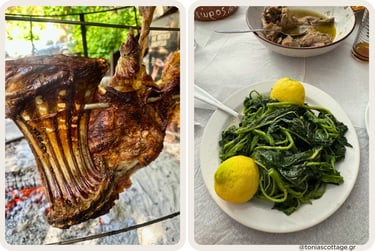 Spit‑roasted lamb ribs and a plate of boiled horta greens with lemon