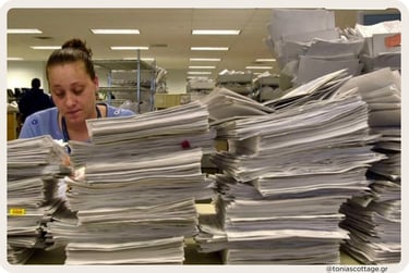 Overwhelmed office worker surrounded by towering stacks of paperwork