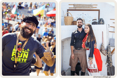 Crete Half Marathon participant smiling, and a couple in traditional Cretan costumes