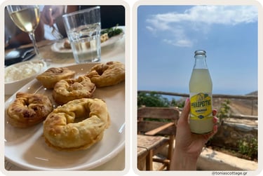 Traditional savory pies and lemoniada Psiloritis with views of Asterousia mountains in Crete