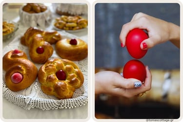 Cretan Easter treats and tsougrisma egg-tapping: koulourakia pastries with red eggs