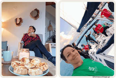 Tonia relaxing with coffee and pastries in a cozy cottage, next to a group sailing on a yacht