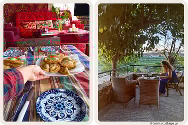 Breakfast with pies and terrace view, local life in Crete village