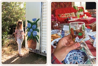 Crete artist by hydrangea mural and Cretan home with glass of hommade wine