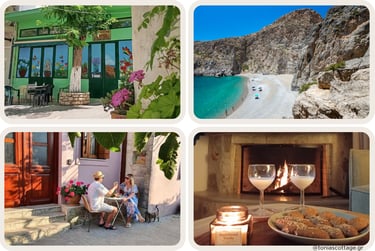 Best time to visit Crete: village square, beach, lunch at the cottage, and cozy winter fireplace