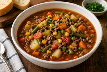 Bowl of homemade hamburger vegetable soup.