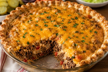 Freshly baked cheeseburger pie with a golden crust and melted cheddar cheese topping.