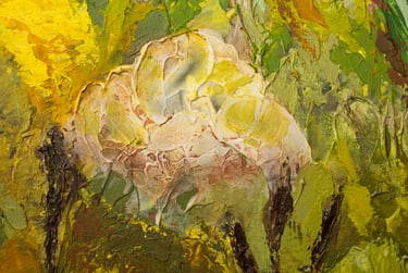 Close-up detail of thick textured acrylic paint showing a pale protea flower with yellow, green, and brown brushstrokes.