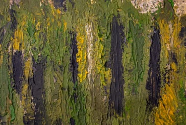 Close-up of textured vertical brushstrokes in green, yellow, and dark earthy colours, showing the paint’s depth and movement.