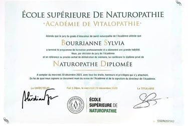 Diplôme de naturopathe de base scientifique de Sylvia Bourrianne, école de naturopathie AVCN