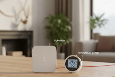 Foto em close de um Hub Zigbee minimalista ao lado de um sensor de temperatura.