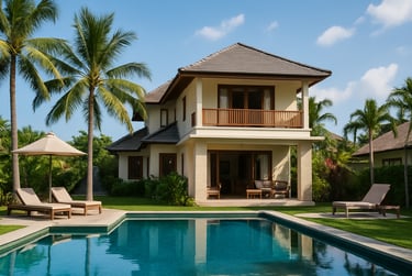 Eksterior villa tropis modern dengan kolam renang dan suasana hangat.