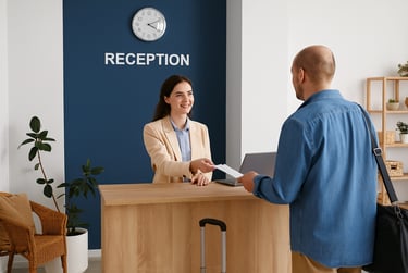 Resepsionis hotel menyambut tamu di front desk sebagai simbol pelayanan ramah OTA.