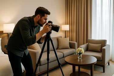 Seorang fotografer profesional sedang memotret fasilitas kamar hotel modern menggunakan kamera.