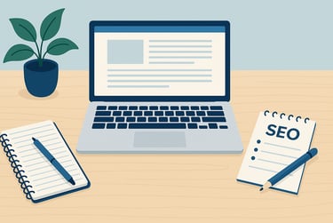 Ilustrasi meja kerja minimalis dengan laptop terbuka menampilkan halaman blog.