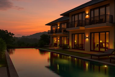 Eksterior villa modern dengan kolam renang saat matahari terbenam.