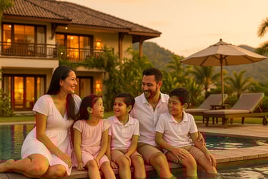 Alt text:Keluarga berlibur bersama di hotel dengan kolam renang saat senja.