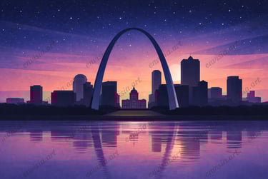 Contemporary cityscape of the St. Louis skyline at twilight