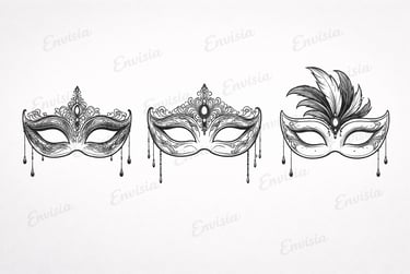 Contemporary black and white minimalist composition featuring Victorian party masks