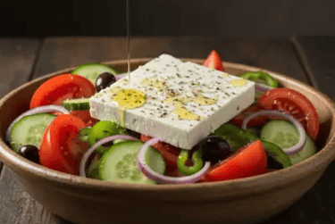 Σαλάτα χωριάτικη - ελληνική σε μπόλ με λαχαικά και φέτα τυρί.