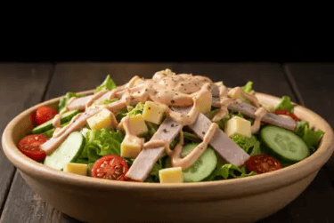 Σαλάτα σεφ σε μπολ με λαχανικά κρουτόν ζαμπόν και σως