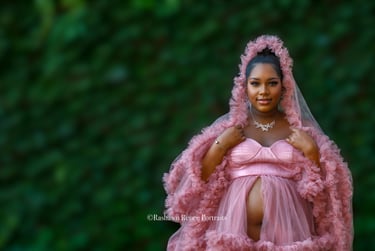 a woman in a pink Maternity dress