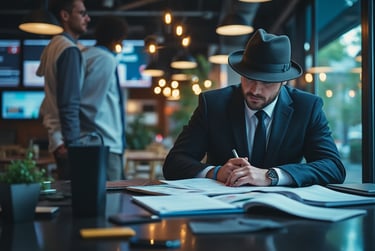 private investigator is sitting at a table