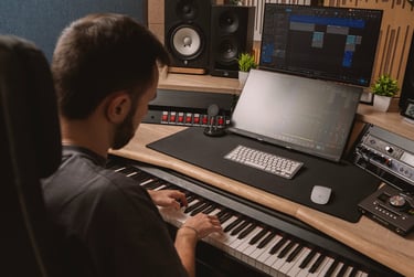 produttore musicale, studio di registrazione con produttore musicale all'opera