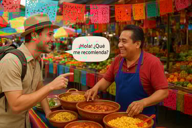 Traveler practicing Spanish while ordering food at a local market in Mexico