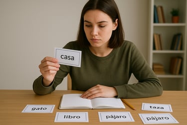 Spanish learner reviewing vocabulary flashcards