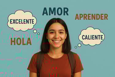 Student thinking in Spanish with words like “Hola” and “Gracias” around her