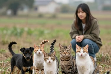 A group of tabby cats and a small black puppy standing in a field with a woman in the background.