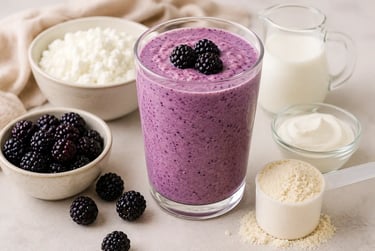 Purple blackberry smoothie in a glass surrounded by fresh blackberries, cottage cheese, milk, yogurt, and protein powder.