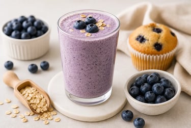 A glass of purple blueberry smoothie with oats, fresh blueberries in a bowl, and a blueberry muffin.