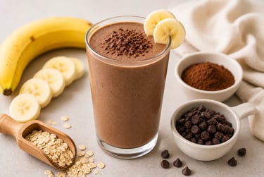 Chocolate banana protein smoothie with oats, cocoa powder, and dark chocolate chips.