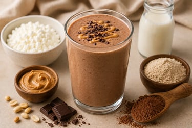 Chocolate peanut butter protein smoothie with cottage cheese, cocoa powder, and dark chocolate chips.