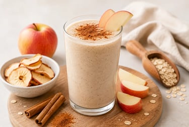 Creamy apple cinnamon smoothie topped with ground spice and apple slices on a wooden board.