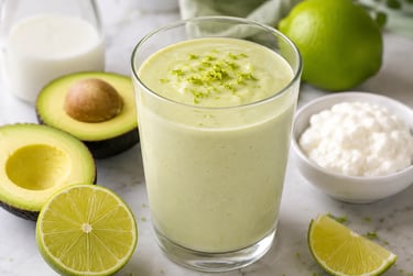 Creamy avocado lime smoothie in a glass with fresh lime zest, avocado halves, and yogurt.