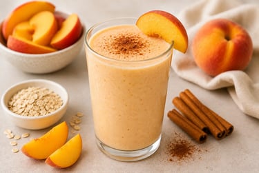 Creamy peach smoothie topped with cinnamon in a glass with fresh peach slices, oats, and cinnamon sticks.