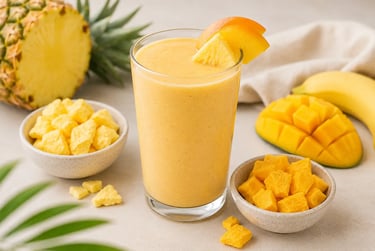 A refreshing tropical mango pineapple smoothie in a tall glass surrounded by fresh fruit ingredients.
