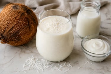 Fresh coconut smoothie in a glass, with shredded coconut, coconut milk, and yogurt, on a white marble surface.