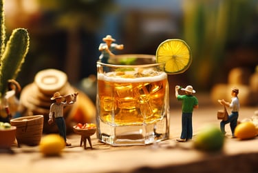Cena em diorama com uma garrafa de cachaça artesanal em destaque, cercada por miniaturas HO scale de