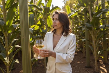 Jovem moderno e elegante em plantação de alambique segurando garrafa de cachaça premium, com barris
